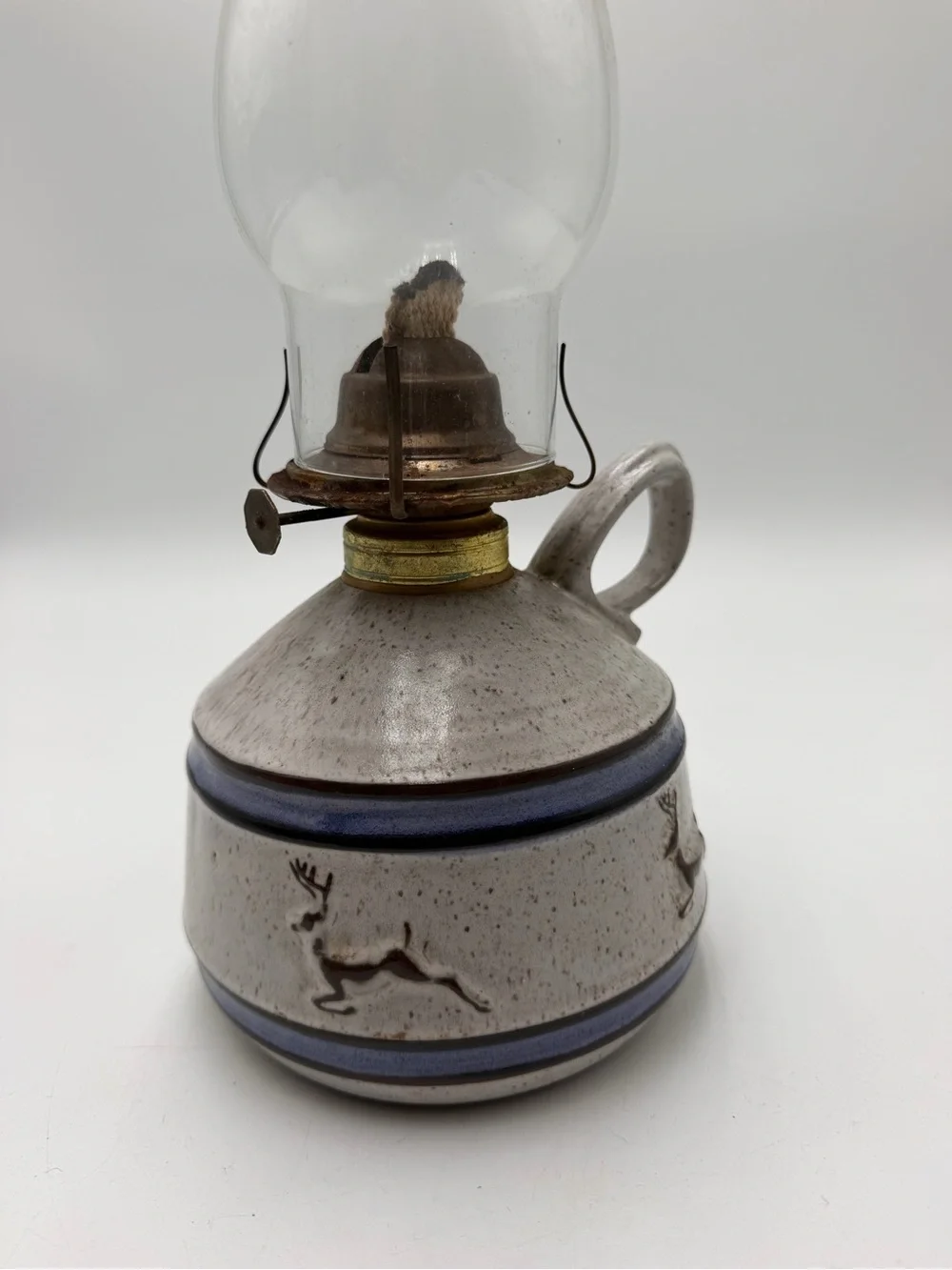 Vintage Onion River Pottery Vermont Oil Lamp Deer Stoneware Cabincore Lodges